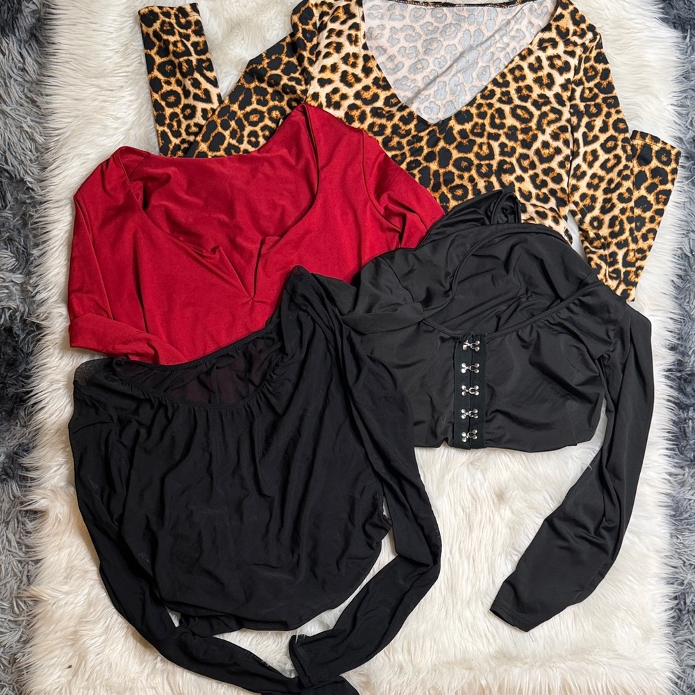 4 Pack of Long Sleeve Bodysuits - Red V, Black w/Silver Leopard and Sheer